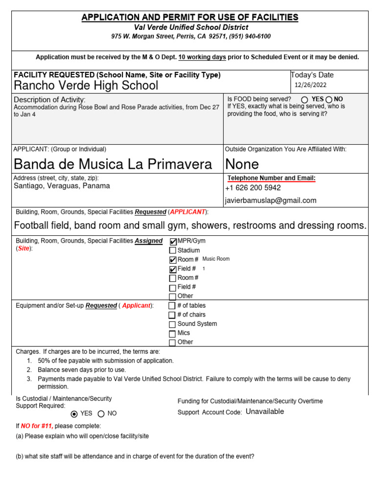 Rose Parade Paricipents From Panama (RVHS) Facility Use Application ...