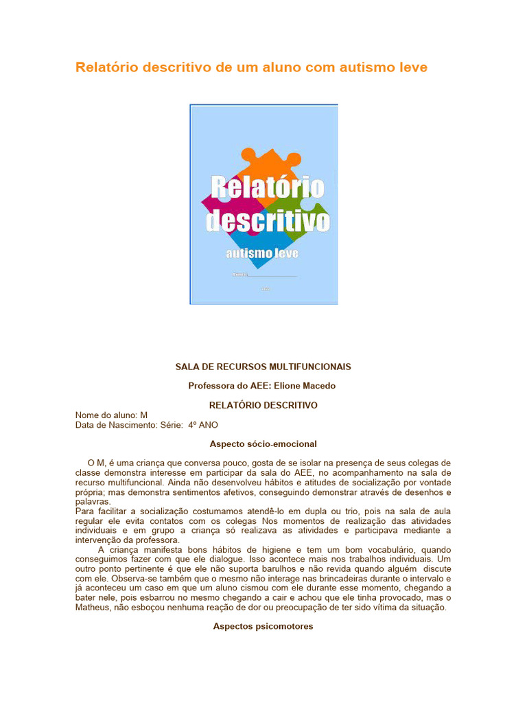Relatório Descritivo de Um Aluno Com Autismo Leve | PDF | Educação ...
