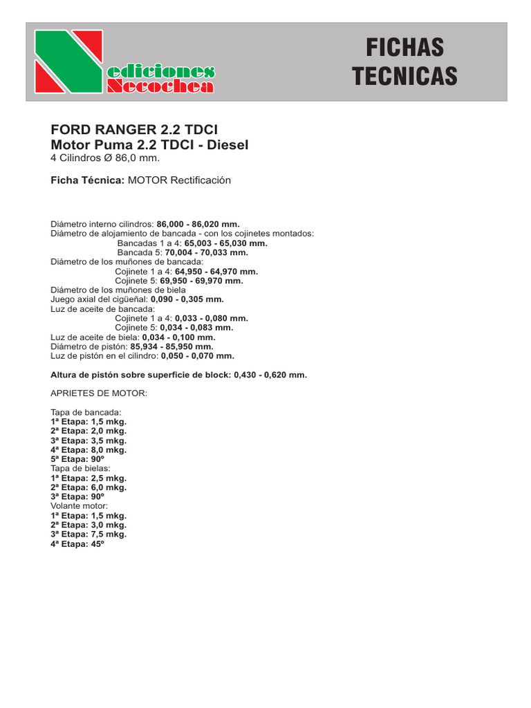 Ficha Técnica Motor Ford Ranger 2.2 TDCI | PDF