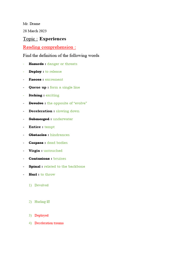 Extreme Sports Reading Comprehension PDF