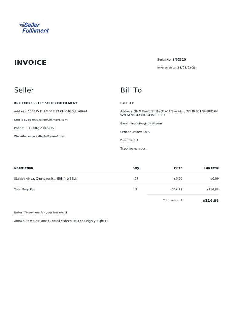Stanley Invoice for Order #1590 | PDF