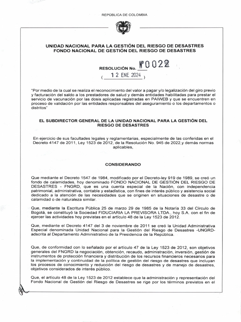Resolución 0022 de 12 Enero de 2024 | PDF