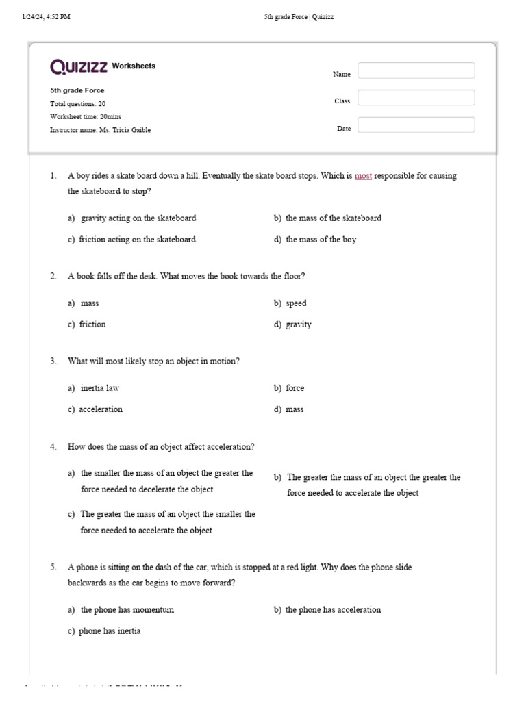 5th Grade Force Quizizz PDF Force Acceleration