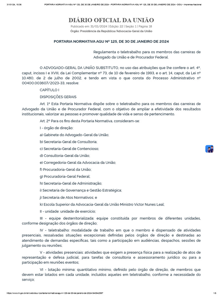 PORTARIA NORMATIVA AGU 125, DE 30 DE JANEIRO DE 2024 PORTARIA