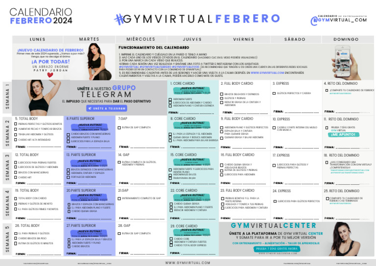 Calendario Gym Virtual Febrero 2024 | PDF