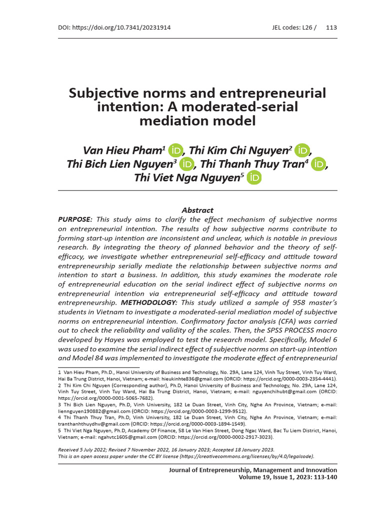 Pham 2023 Subjective Norms and Entrepreneuria | PDF | Entrepreneurship ...