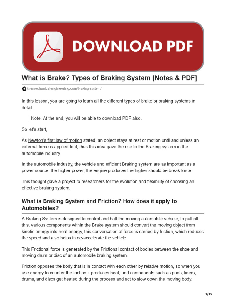 What Is Brake Types of Braking System Notes PDF PDF Brake