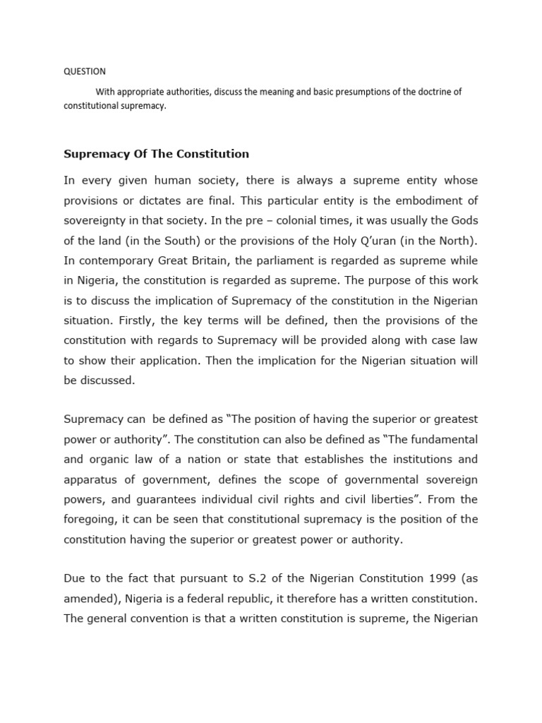Nigerian Constitutional Supremacy | PDF | Constitution | Sovereignty