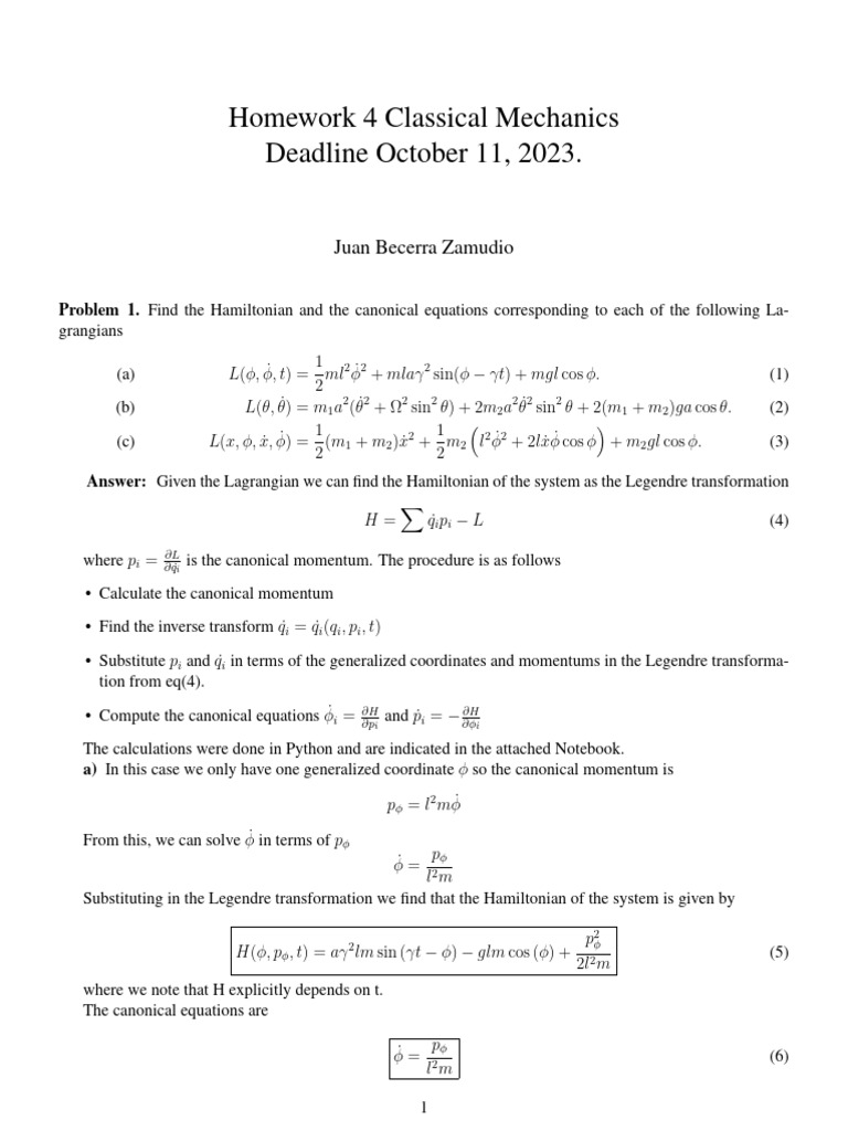 Classical Mechanics Homework 4 | PDF | Hamiltonian Mechanics ...