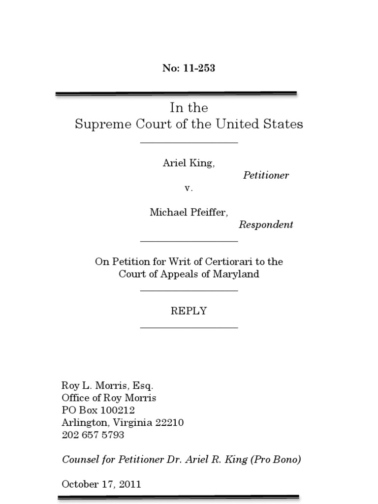 US Supreme Court Reply Petition For Certiorari Brief King V Pfeiffer ...