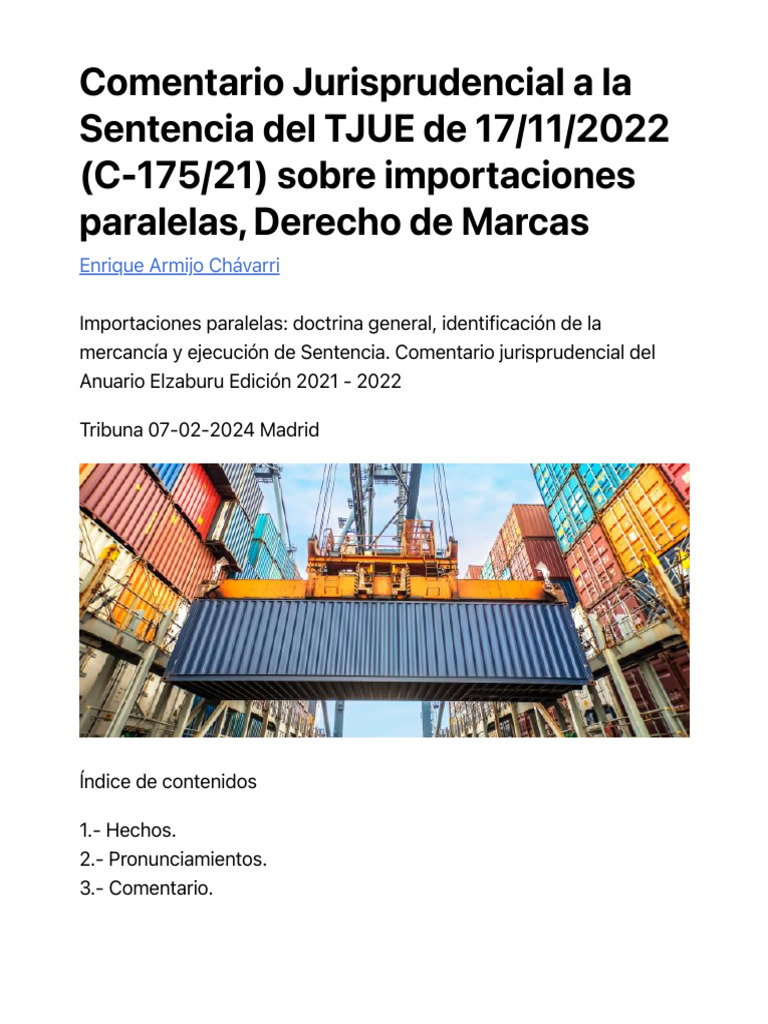 Sentencia TJUE de 17-11-2022 (C-175-21) Sobre Importaciones Paralelas