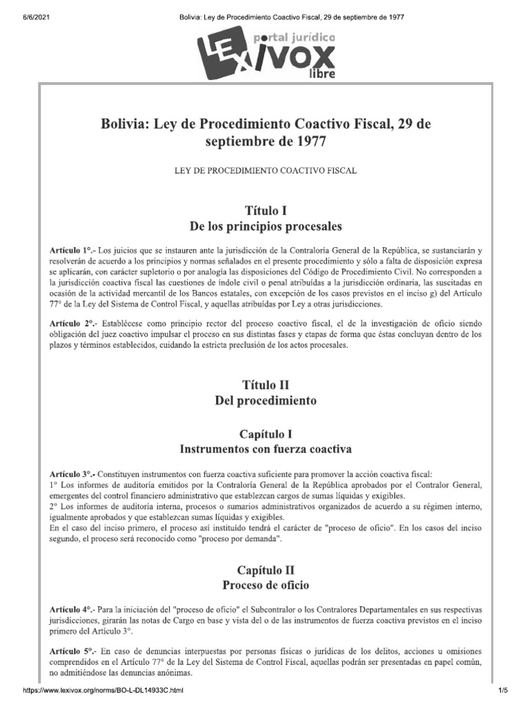 Bolivia - Ley de Procedimiento Coactivo Fiscal, 29 de Septiembre de
