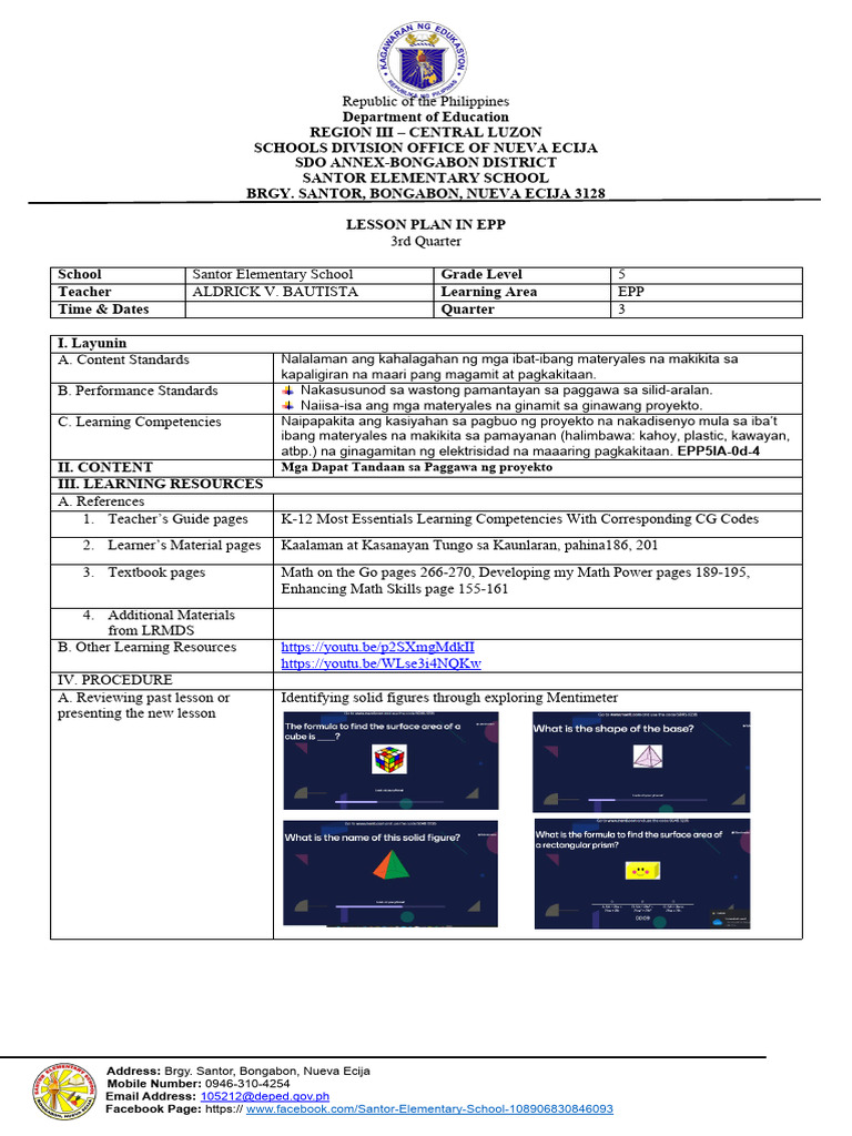 EPP Lesson Plan for Grade 5 Students | PDF | Learning | Volume