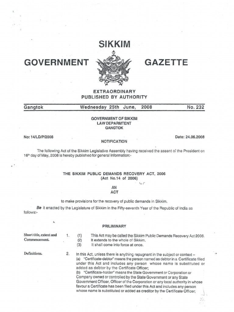 Sikkim Public Demands Recovery Act 2006 | PDF | Government | Civil Law ...