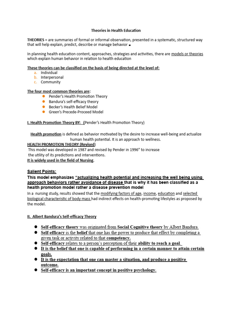 Theories in Health Education | PDF | Self Efficacy | Cognitive Science