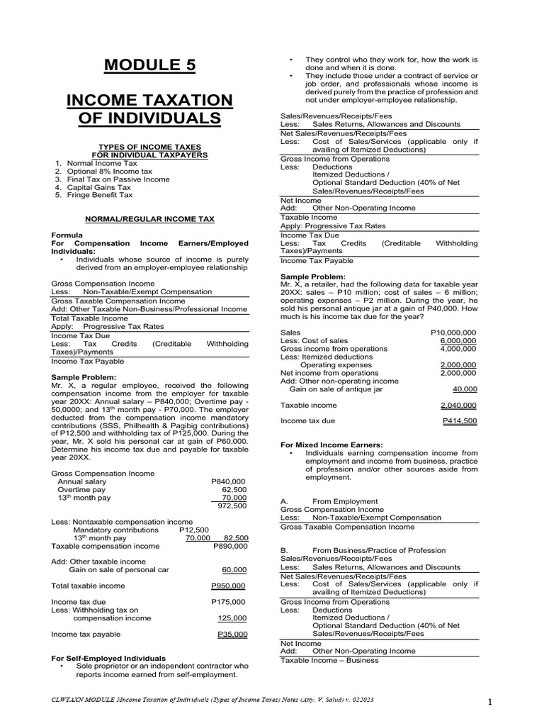 CLWTAXN MODULE 5 Income Taxation of Individuals Notes v022023-1-1 | PDF ...