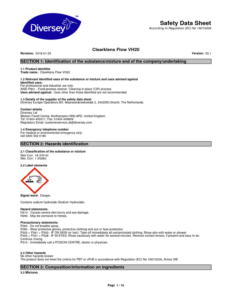 Clearklens Flow VH20 Safety Data Sheet | PDF | Toxicity | Dangerous Goods