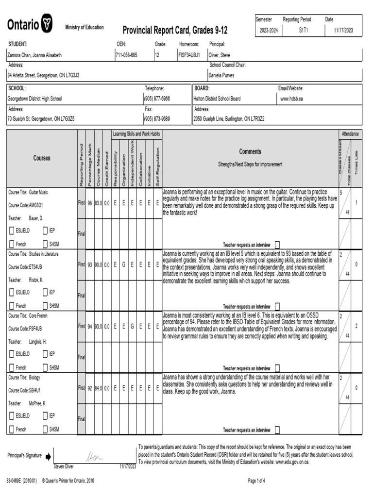 Grade 12 Report Card for Joanna Chan | PDF | Teachers | English As A ...