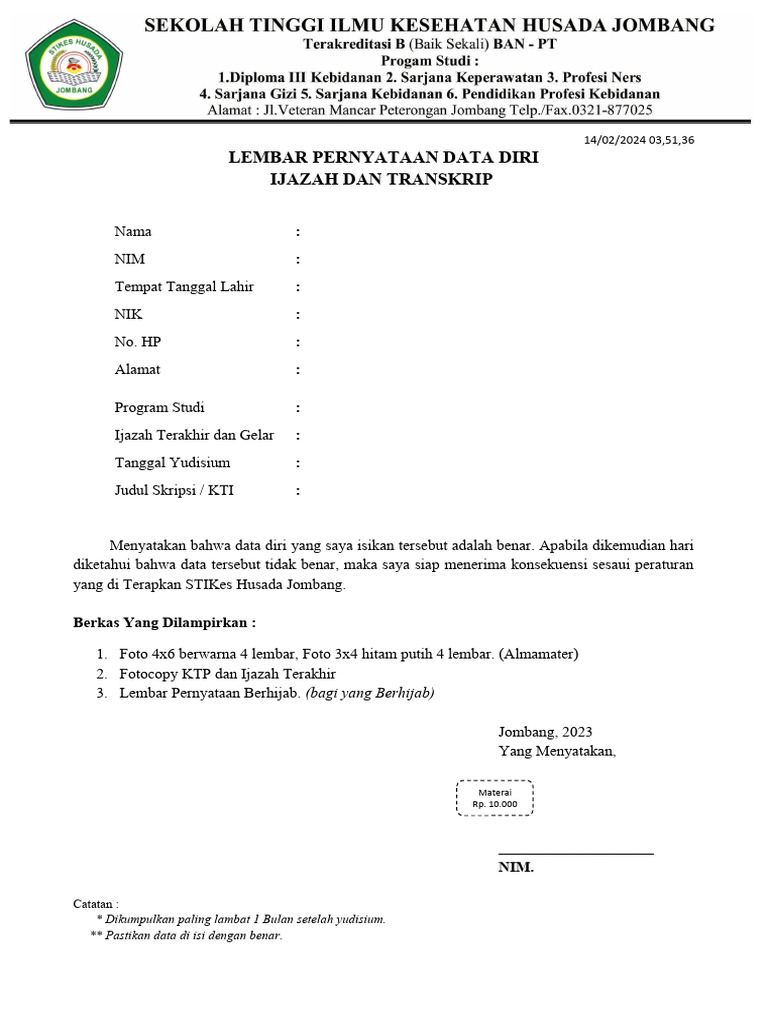Lembar Pernyataan Data Diri Ijazah Dan Transkrip Pdf