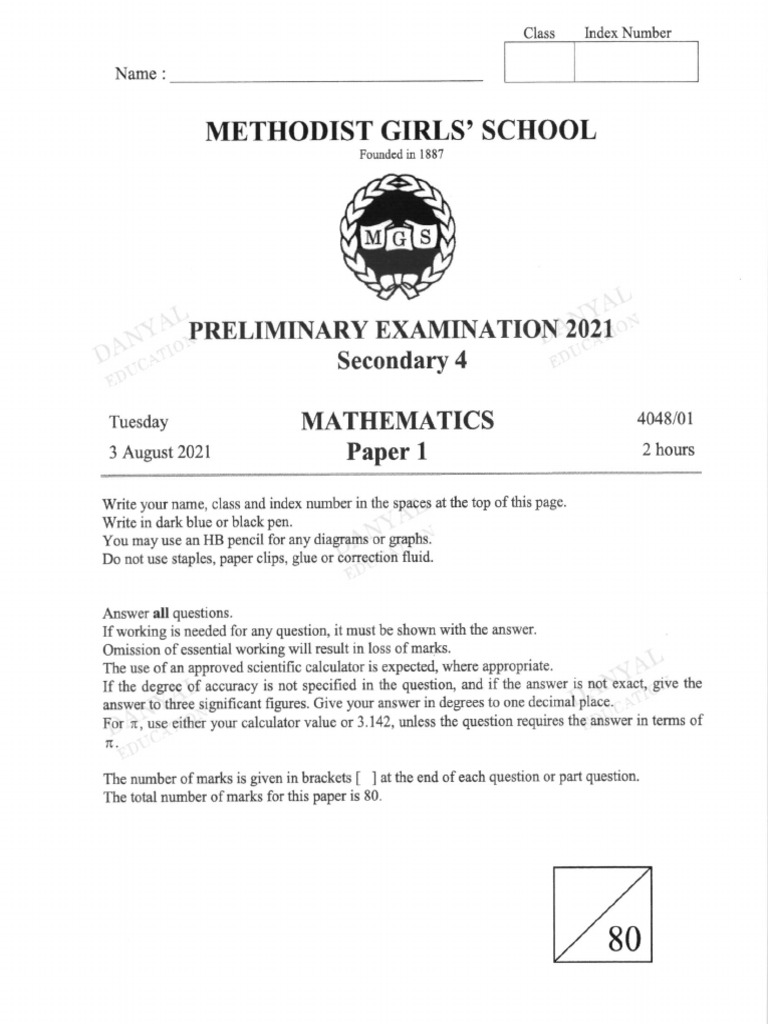 Methodist Girls School Prelim 2021 E Math (1) (1) | PDF | Area | Mathematics