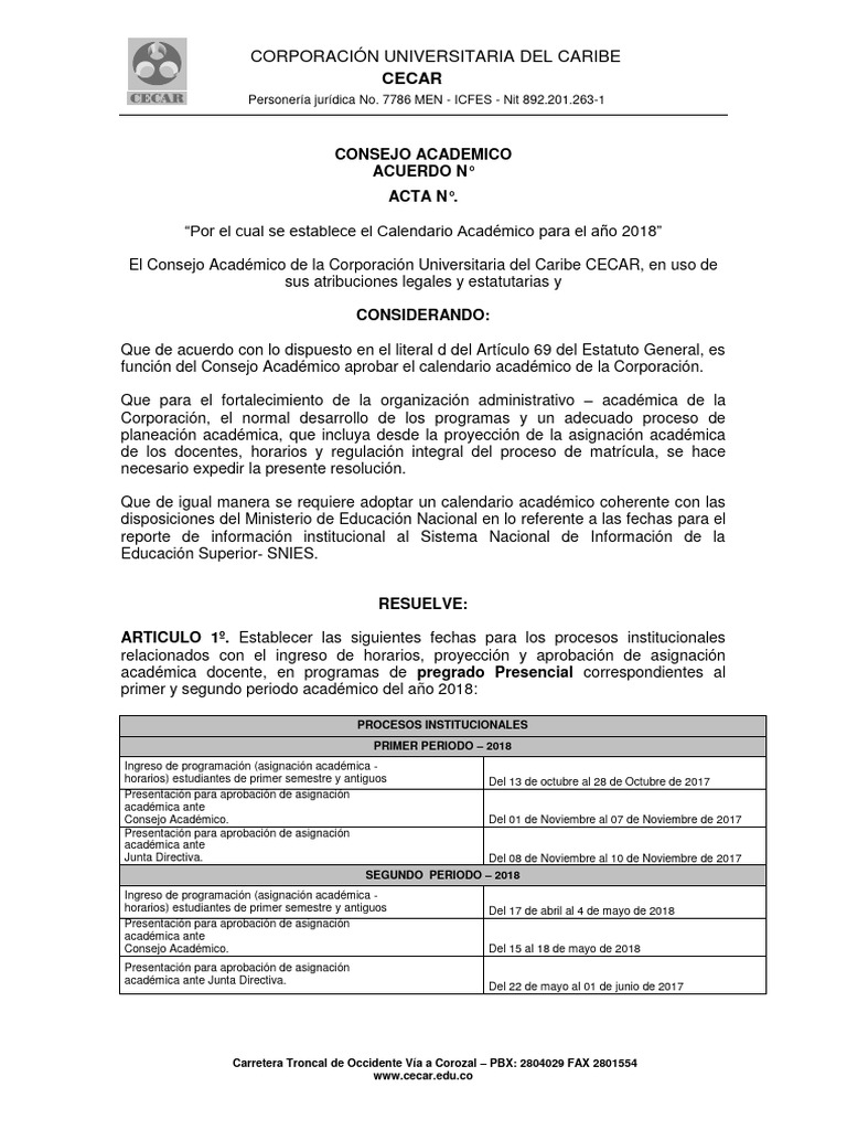 Calendario Académico CECAR 2018 | PDF | Corporaciones