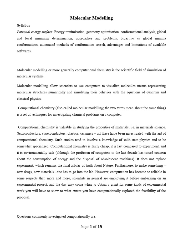Molecular Modelling Pdf Computational Chemistry Molecules