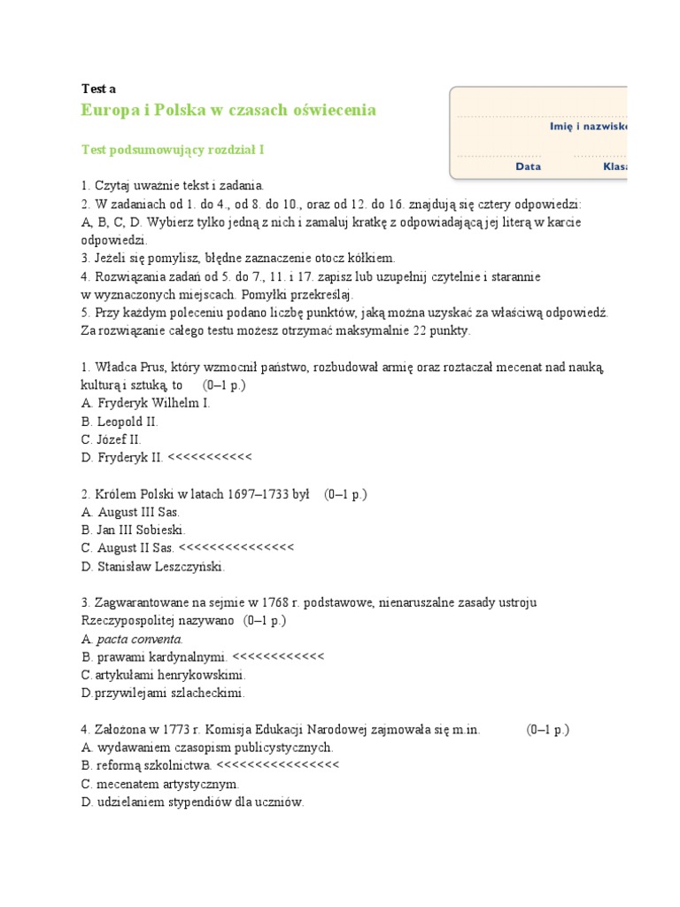 Europa I Polska W Czasach Oświecenia Sprawdzian Grupa B Odpowiedzi Europa i Polska w Czasach Oswiecenia Test a Www.przeklej.pl