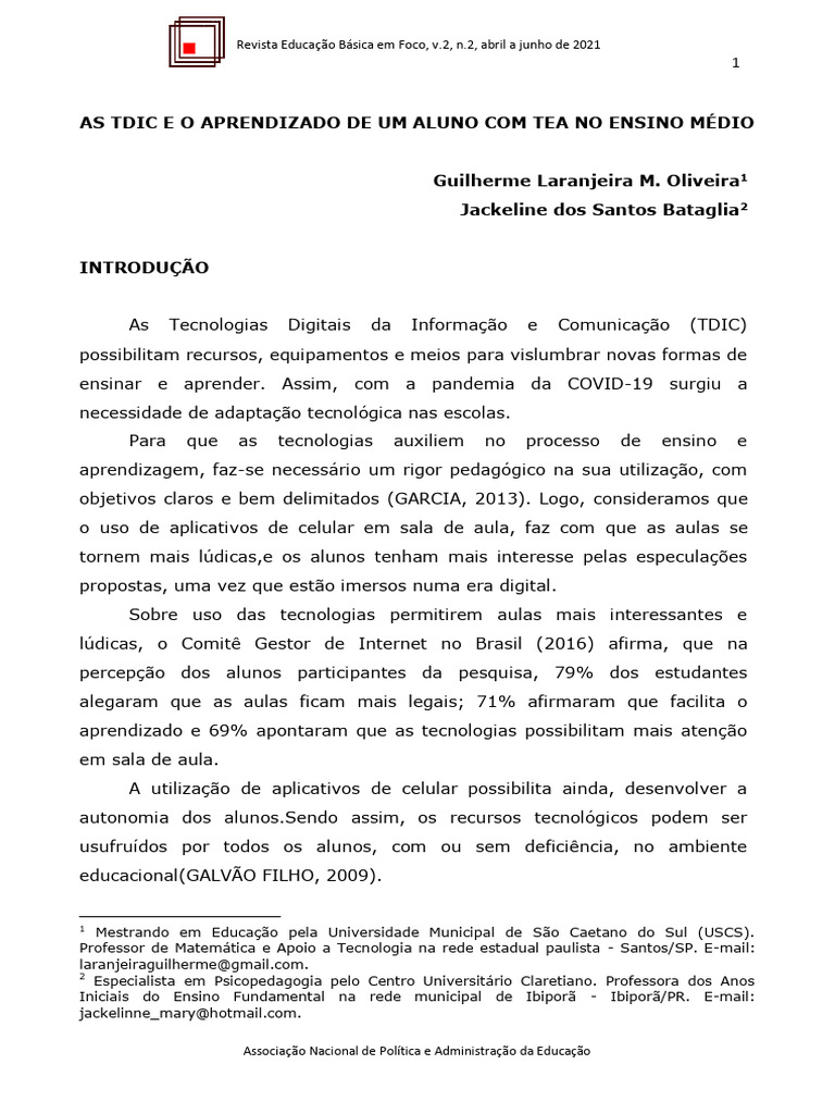 As Tdic e o Aprendizado de Um Aluno Com Tea No Ensino Médio | PDF ...