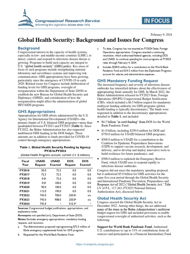 Global Health Security Funding Overview | PDF | United States Agency ...