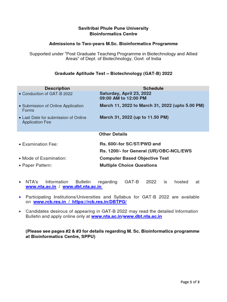 1MSc Bioinformatics Admissions GATB 2022 Announcement | PDF ...