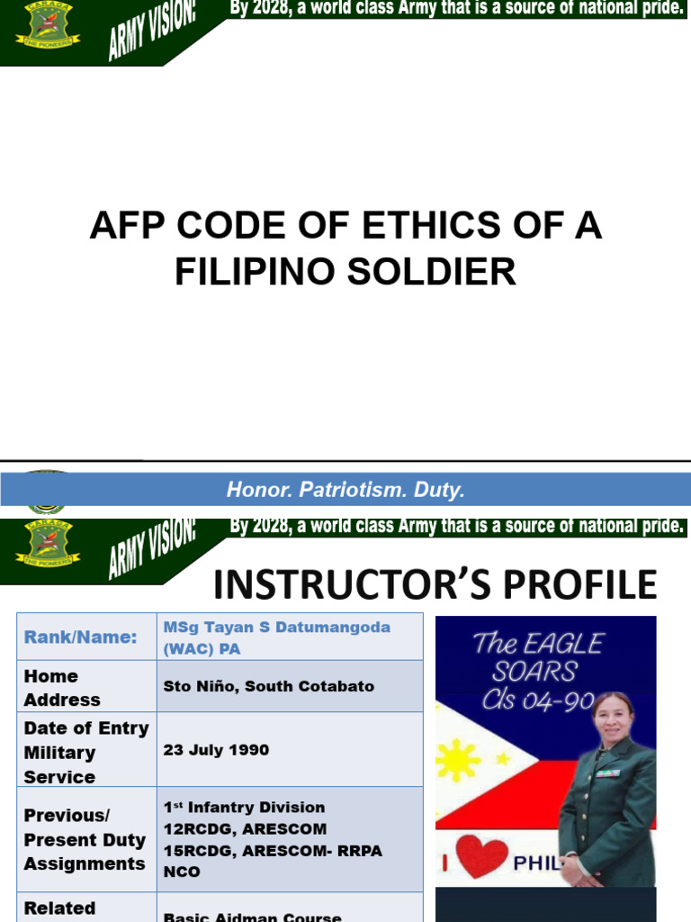 AFP Code of Ethics for Filipino Soldiers | PDF | Philippines | Constitution