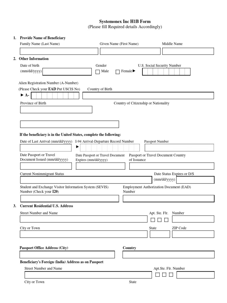 Systemonex H1B Form Instructions | PDF | H 1 B Visa | Academic Degree