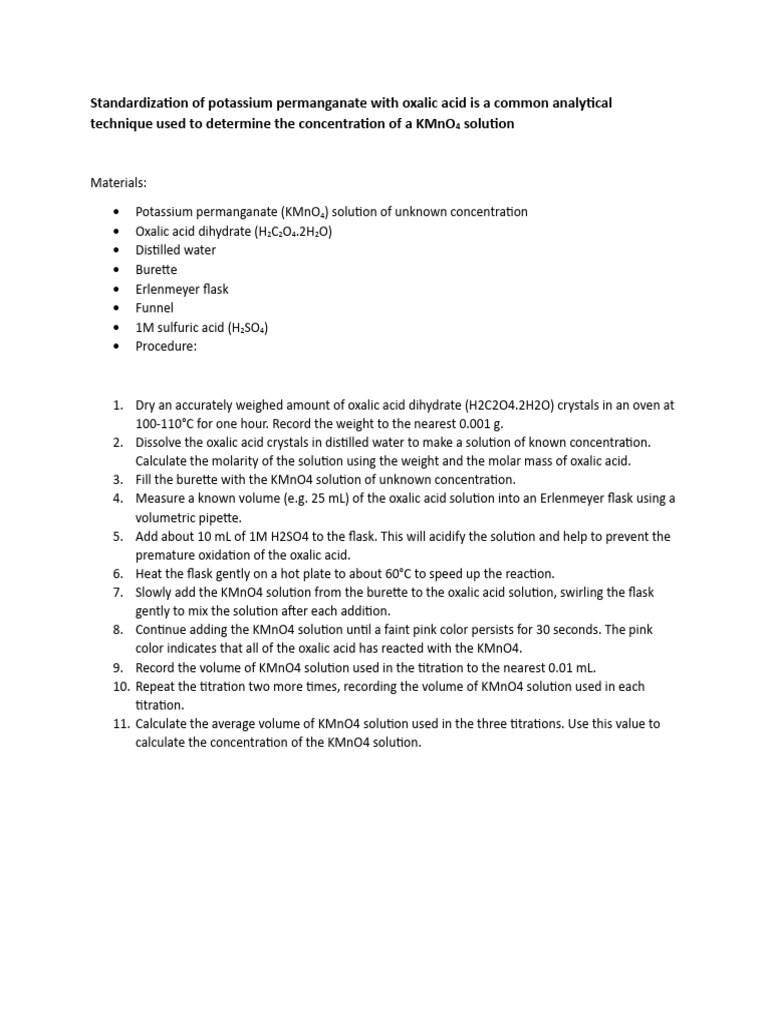 Standardization of Potassium Permanganate | PDF | Cooking, Food & Wine ...