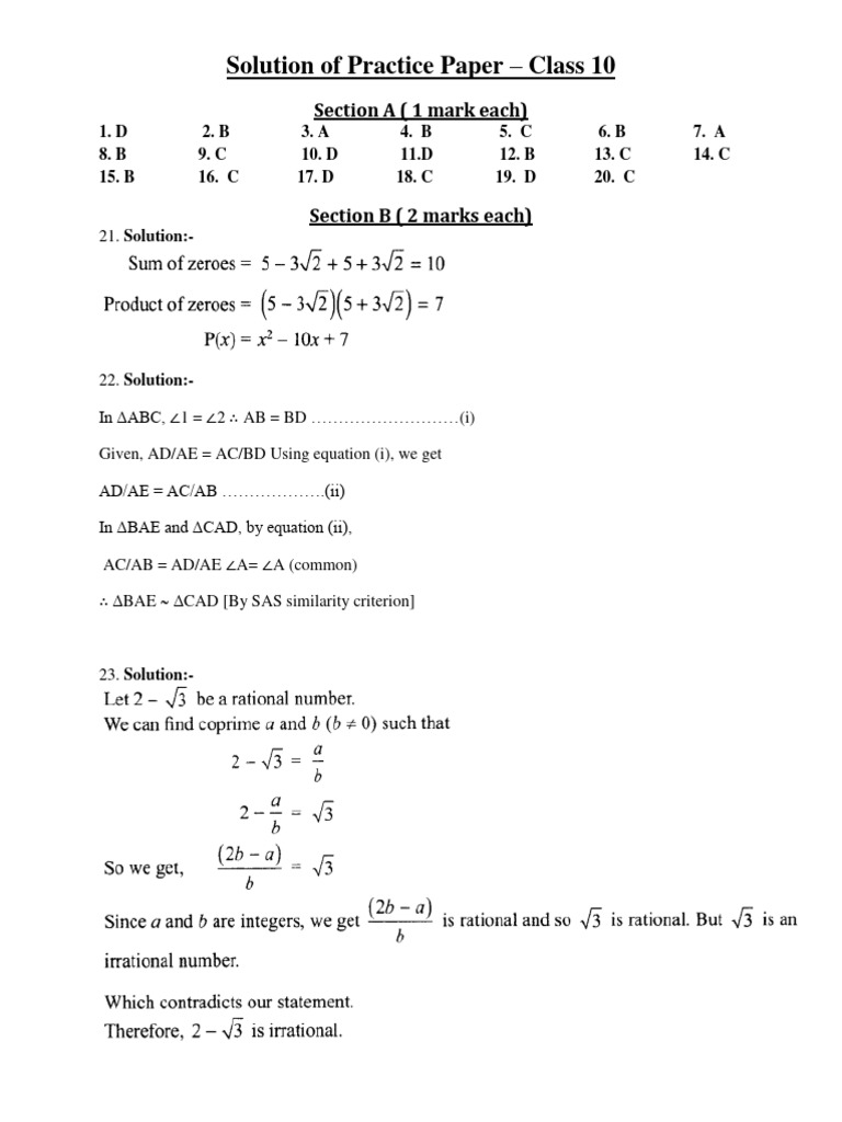 Class 10 Practice Paper Solutions | PDF | Trigonometric Functions | Circle