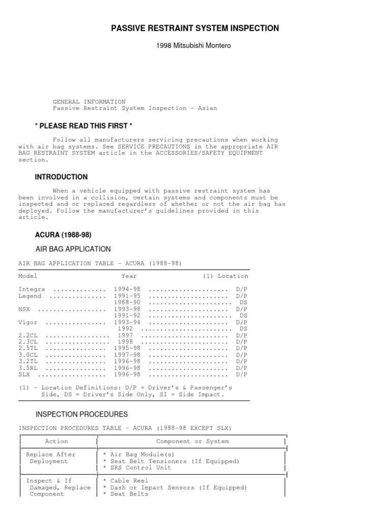 Passive Restraint System Inspection Download Free PDF Airbag Seat