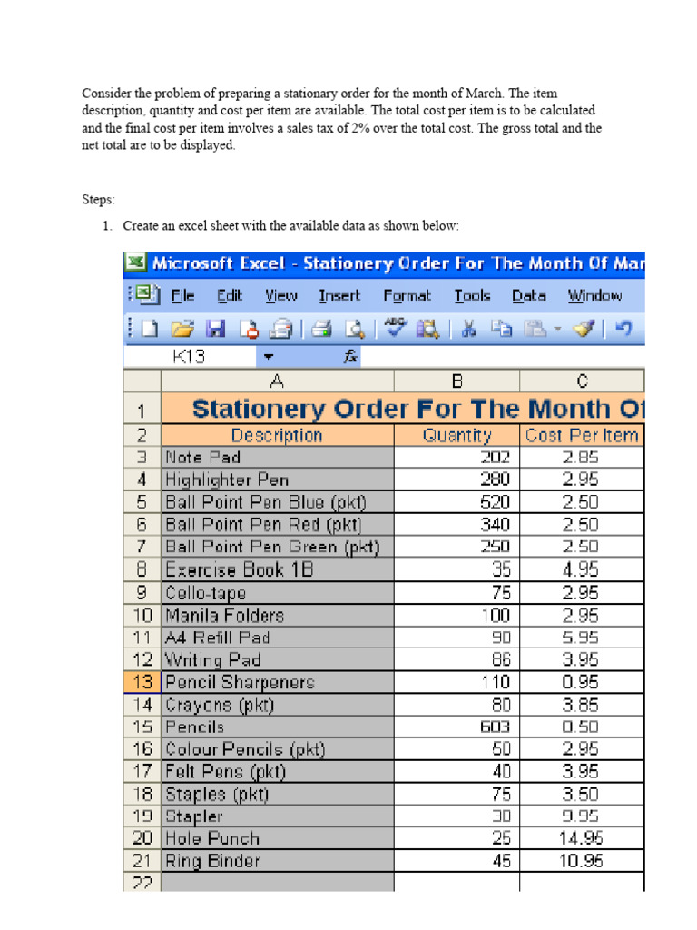 Excel Practice Sheet - Total Cost and Vat | PDF | Teaching Methods ...