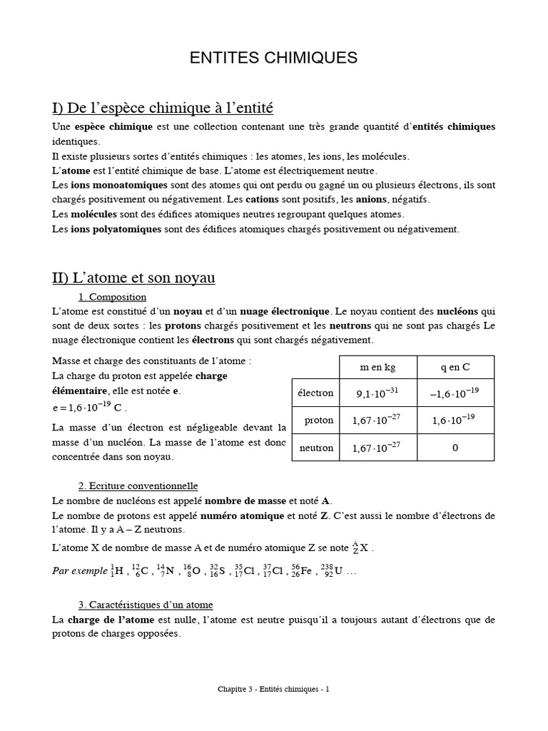 Comprendre les entités chimiques | PDF | Atomes | Noyau atomique