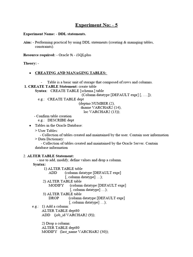 DDL Statements: Create & Manage Tables | PDF | Table (Database ...