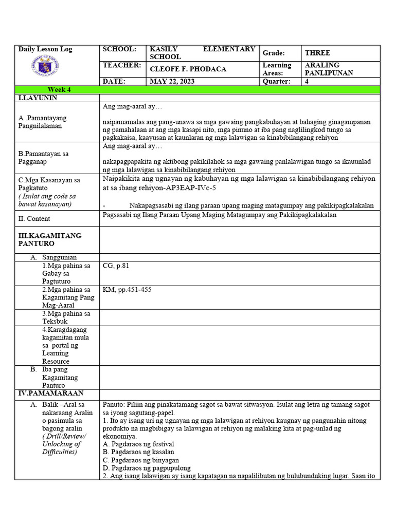 Araling Panlipunan Q4 WK 4 Day 1 | PDF