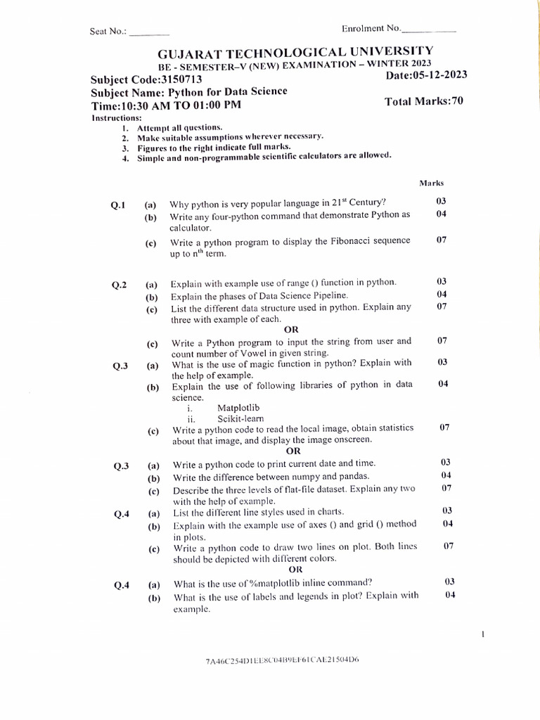 Pds gtu qp w2023 pdf python programming language data