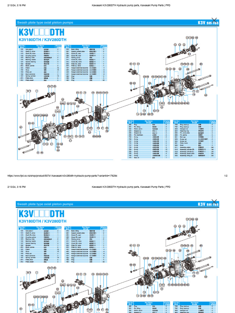 Kawasaki K3V280DTH Pump Parts Overview | PDF | Pump | Manufactured Goods