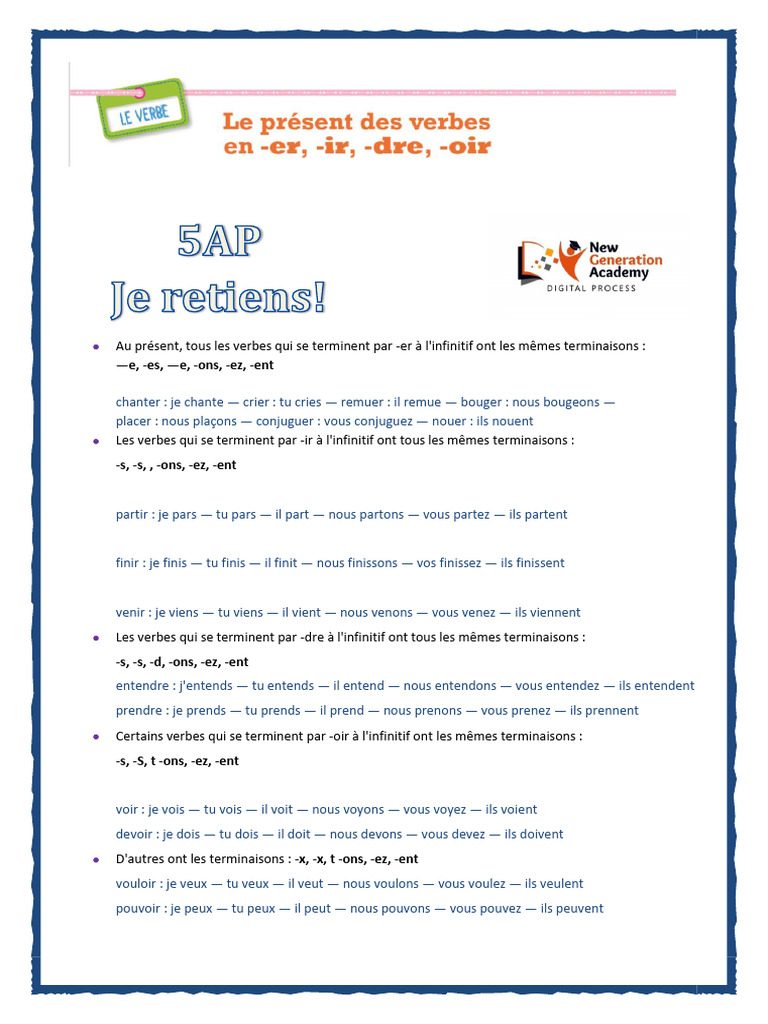 Conjugaison des verbes au présent | PDF