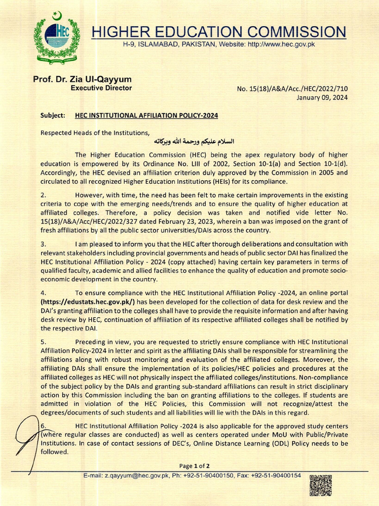 HEC Institutional Affiliation Policy 2024 | PDF | University | College
