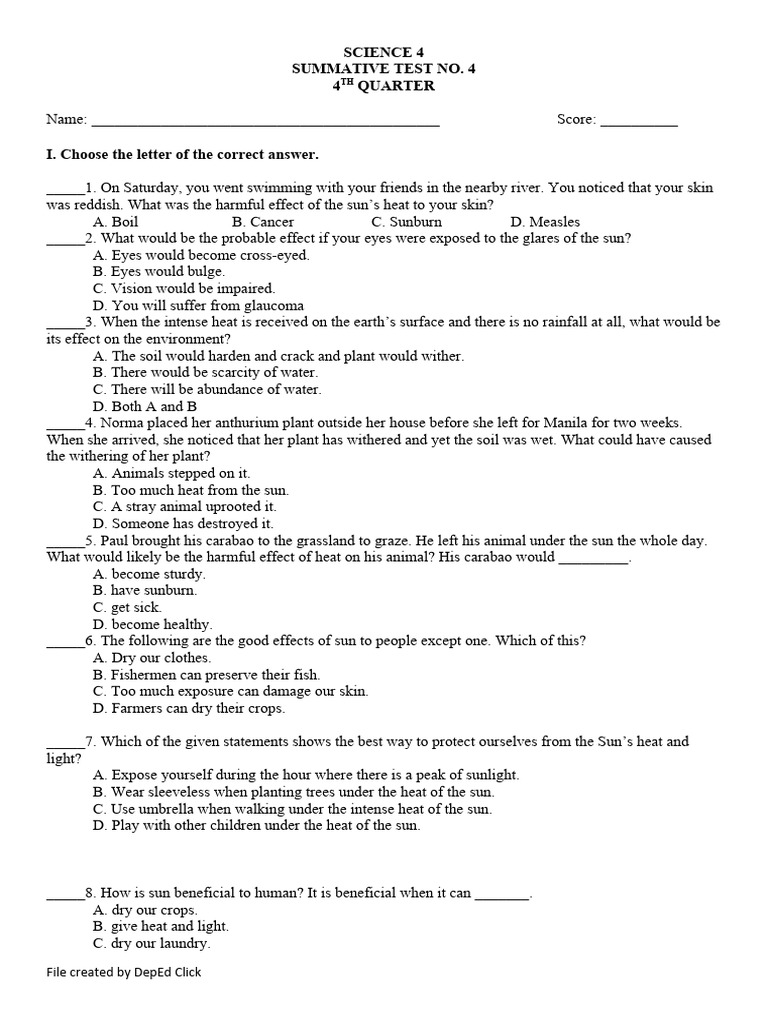 Science 4 Summative Test on Sun Effects | PDF | Sunscreen
