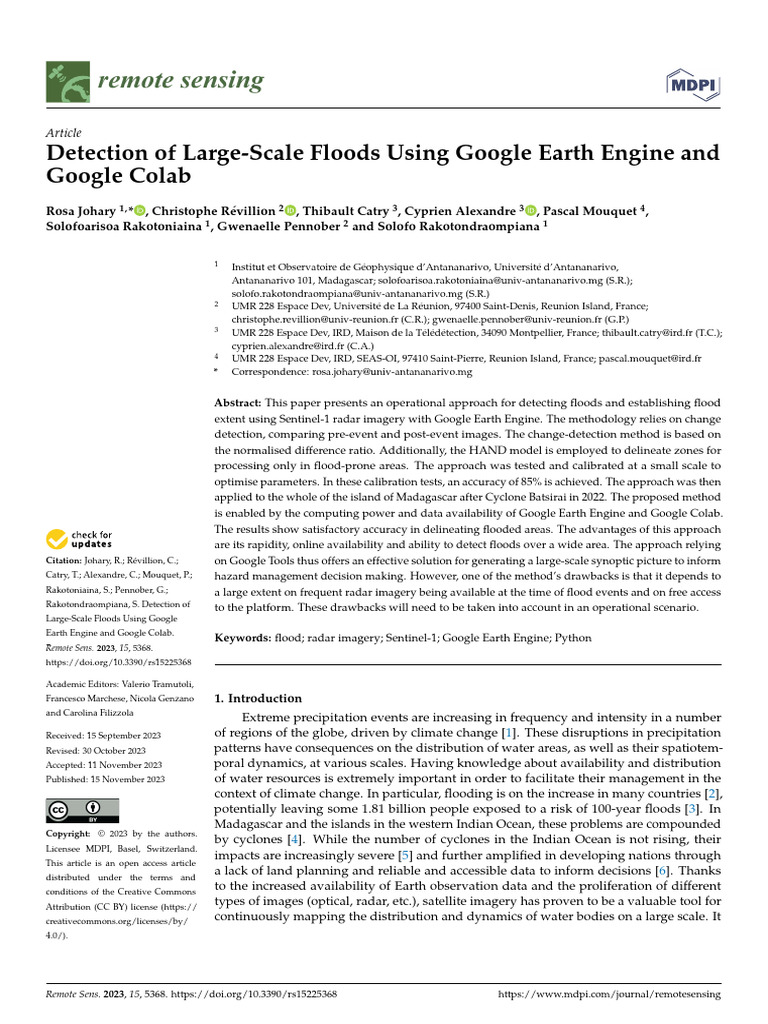 Detection of Large-Scale Floods Using Google Earth Engine and Google ...