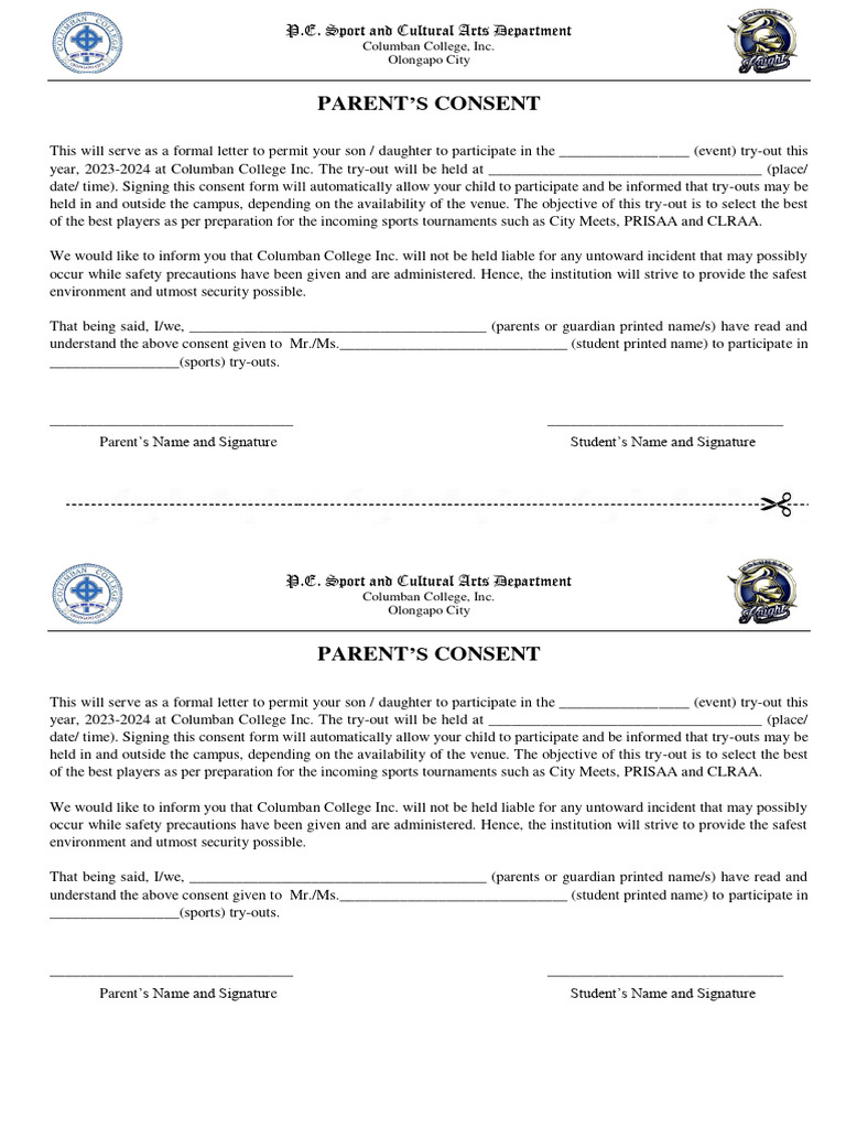 Parent Consent for Sports Try-Outs | PDF | Social Institutions | Family