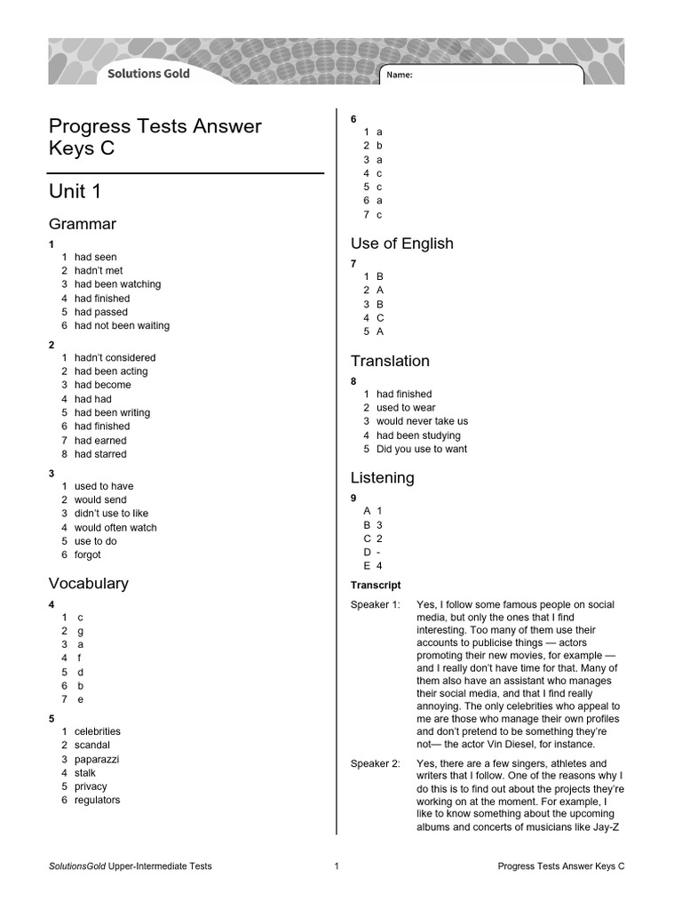 Progress Tests Answer Keys C | PDF