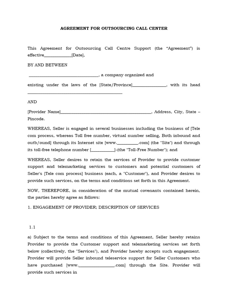 Call Center Outsourcing Agreement | PDF | Indemnity | Bankruptcy