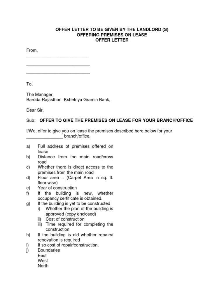 Offer Letter To Be Given by The Landlord | PDF | Lease | Loans
