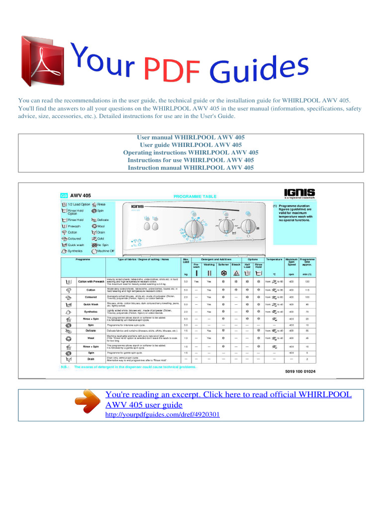 WHIRLPOOL AWV 405 User Manual Guide | PDF | Materials | Manufactured Goods